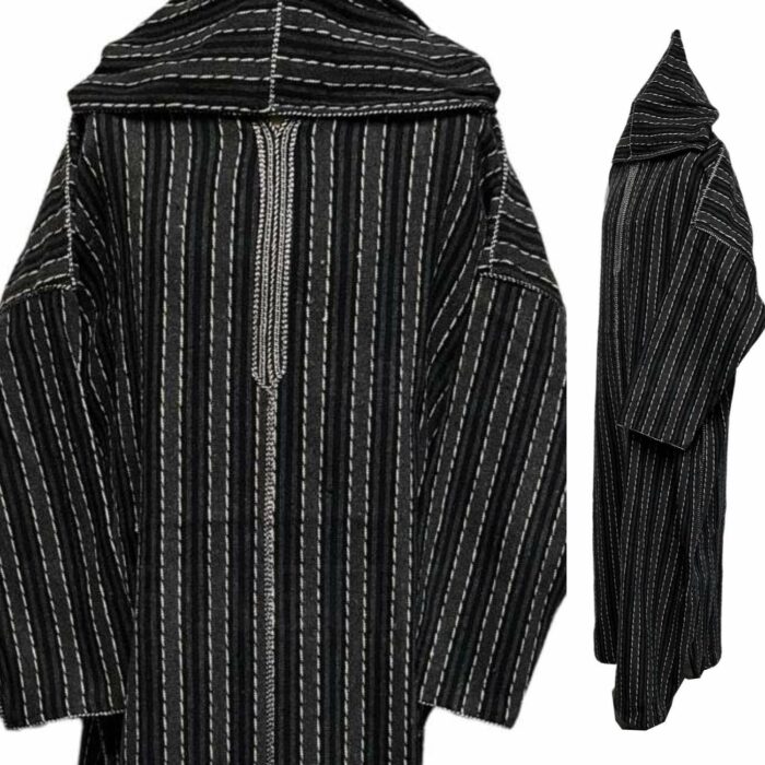 Nisfsaq 003 Moroccan Black Grey Striped Wool Blend Hooded Thobe Djellaba 222100