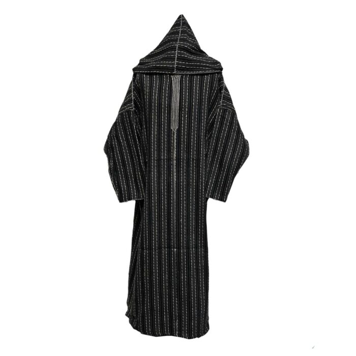 Nisfsaq 003 Moroccan Black Grey Striped Wool Blend Hooded Thobe Djellaba 222101