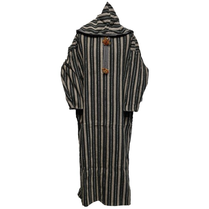 Nisfsaq 0038 Moroccan Beige Black Multi Stripes Super Warm Wool Blend Hooded Thobe Djellaba (2)