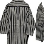 Nisfsaq 005 Moroccan Dark Grey Off White Striped Wool Blend Hooded Thobe Djellaba 221641