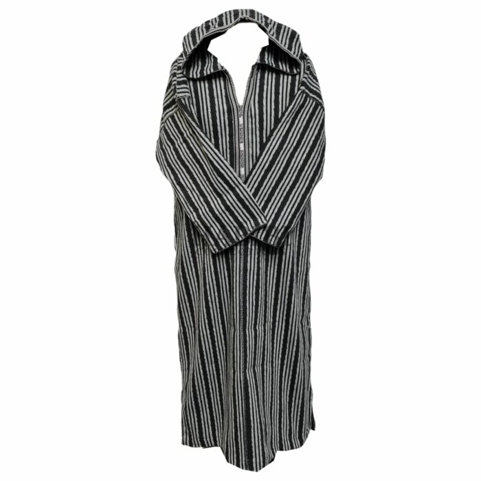 Nisfsaq 012 Moroccan Grey Black Striped Wool Blend Hooded Thobe Djellaba (1)