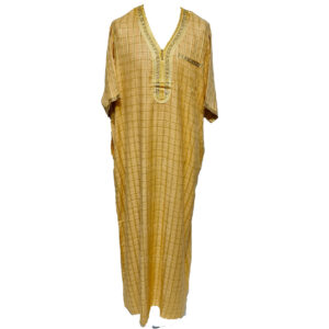 OT-CHQSLV-YEL-Men’s Moroccan Short Sleeves Yellow Checkered Thobe Jubba Kandora