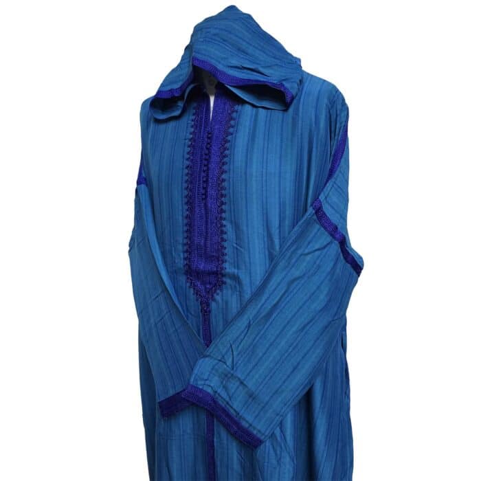 Plsakalm Turq 021 Plus Size Unisex Moroccan Cotton Blend Turquoise Blue Striped Hooded Thobe Djellaba Jubba (4)