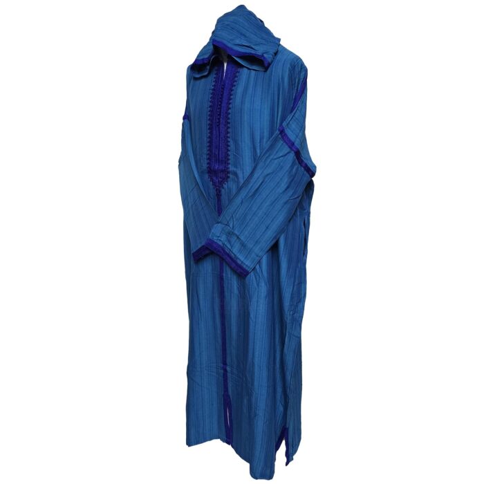 Plsakalm Turq 021 Plus Size Unisex Moroccan Cotton Blend Turquoise Blue Striped Hooded Thobe Djellaba Jubba (5)