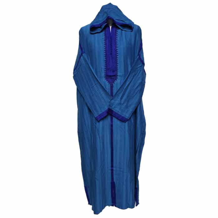 Plsakalm Turq 021 Plus Size Unisex Moroccan Cotton Blend Turquoise Blue Striped Hooded Thobe Djellaba Jubba (6)