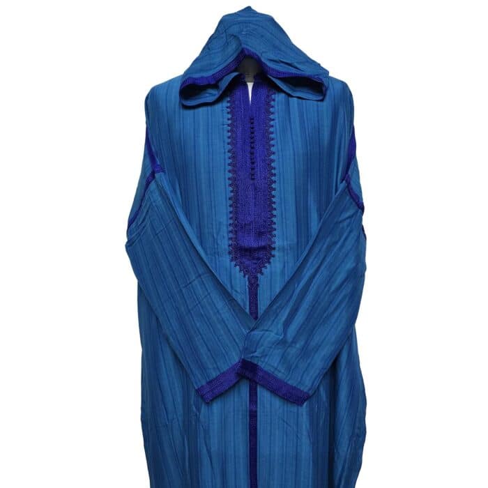 Plsakalm Turq 021 Plus Size Unisex Moroccan Cotton Blend Turquoise Blue Striped Hooded Thobe Djellaba Jubba (7)