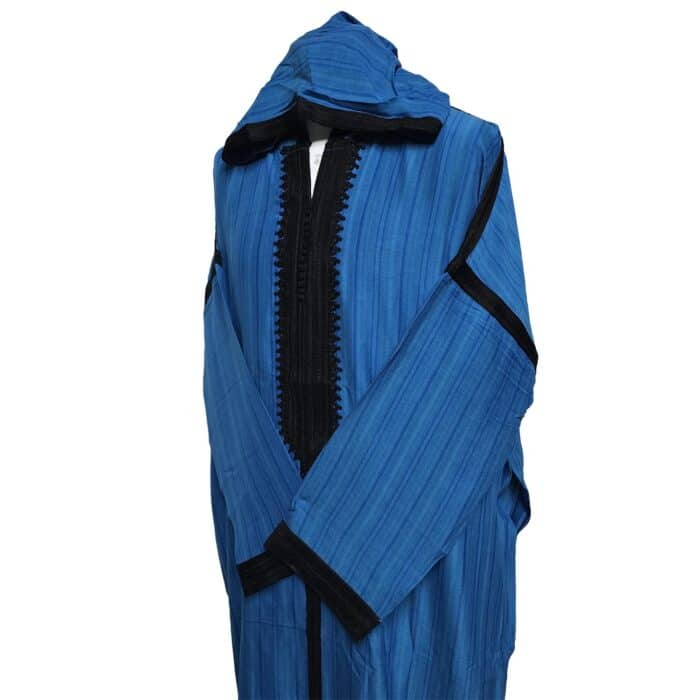 Plsakalm Turq 023 Plus Size Unisex Moroccan Cotton Blend Turquoise Black Striped Hooded Thobe Djellaba Jubba (4)