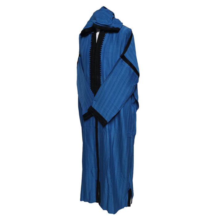 Plsakalm Turq 023 Plus Size Unisex Moroccan Cotton Blend Turquoise Black Striped Hooded Thobe Djellaba Jubba (6)