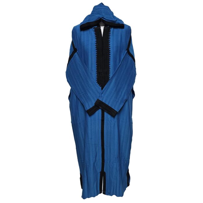 Plsakalm Turq 023 Plus Size Unisex Moroccan Cotton Blend Turquoise Black Striped Hooded Thobe Djellaba Jubba (7)