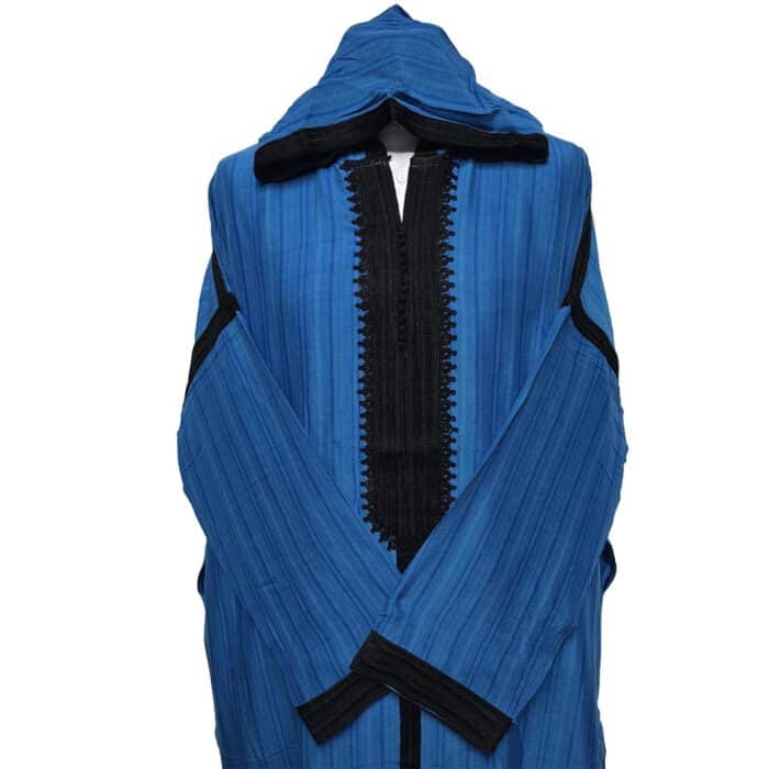 Plsakalm Turq 023 Plus Size Unisex Moroccan Cotton Blend Turquoise Black Striped Hooded Thobe Djellaba Jubba (8)