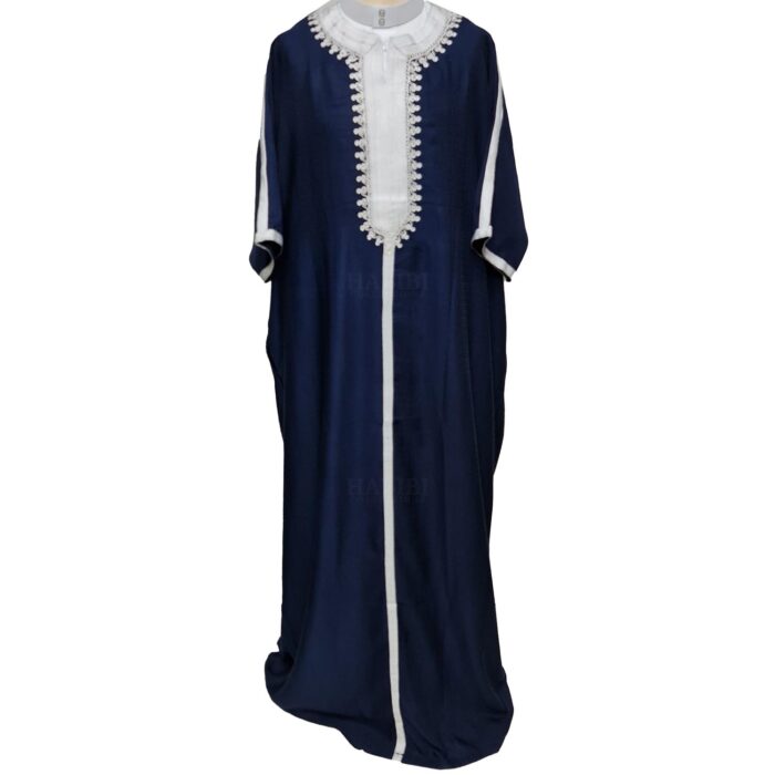 Plus Size Blue Moroccan Cotton Blend 3 Quarter Sleeve Thobe Jubba Kandora Dishdasha (2)