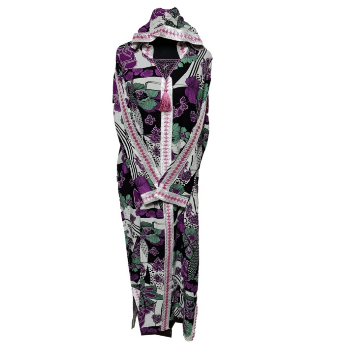 Rayon 001 Women Moroccan Purple Multicoloured Floral Hooded Djellaba Jilbab 020801