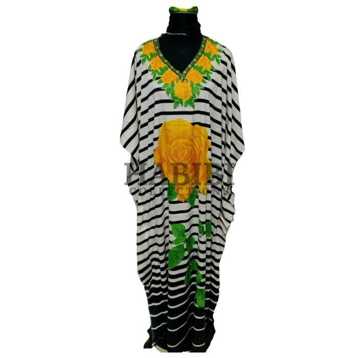 Women's Green/Yellow Sequin Kaftan Rose Striped Pattern