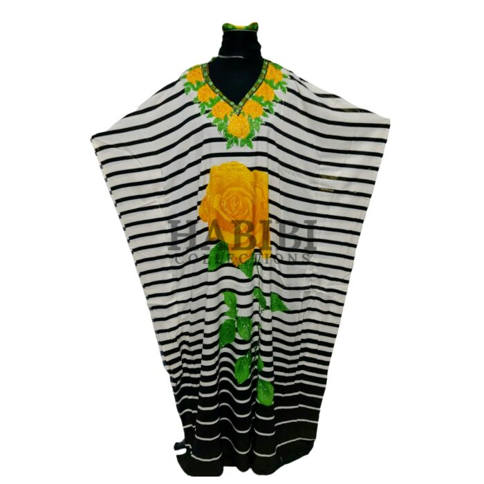 Women's Green/Yellow Sequin Kaftan Rose Striped Pattern