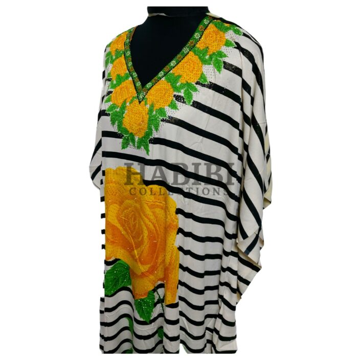 Women's Green/Yellow Sequin Kaftan Rose Striped Pattern