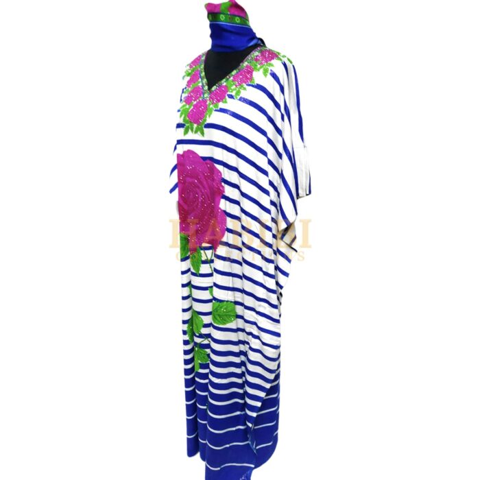 Women's Blue/Pink Sequin Kaftan Rose Striped Pattern