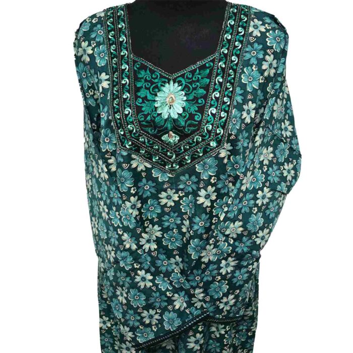 Rua002 Women's Blue Green Pink Kaftan Long Sleeves Tunic Dubai Dress Floral Kaftan (7)
