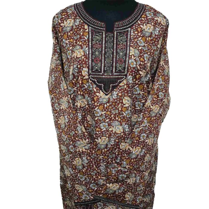 Rua003 Women's Brown Green Maroon Kaftan Long Sleeves Tunic Dubai Dress Floral Kaftan (13)