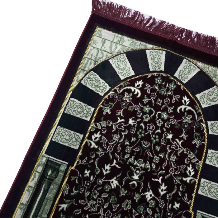 Rwdamt 001 Green Burgundy Floral Rawda Masjid An Nabawi Islamic Prayer Mat Musallah Janamaaz (6)