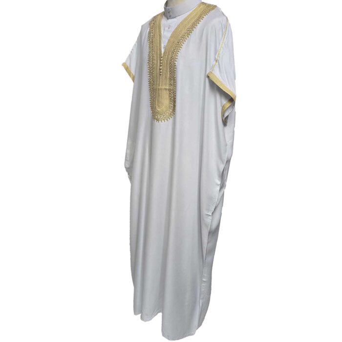 Shrtslvwpc 005 Moroccan Cotton White Gold Short Sleeve Thobe Jubba Kandora Dishdasha (4)