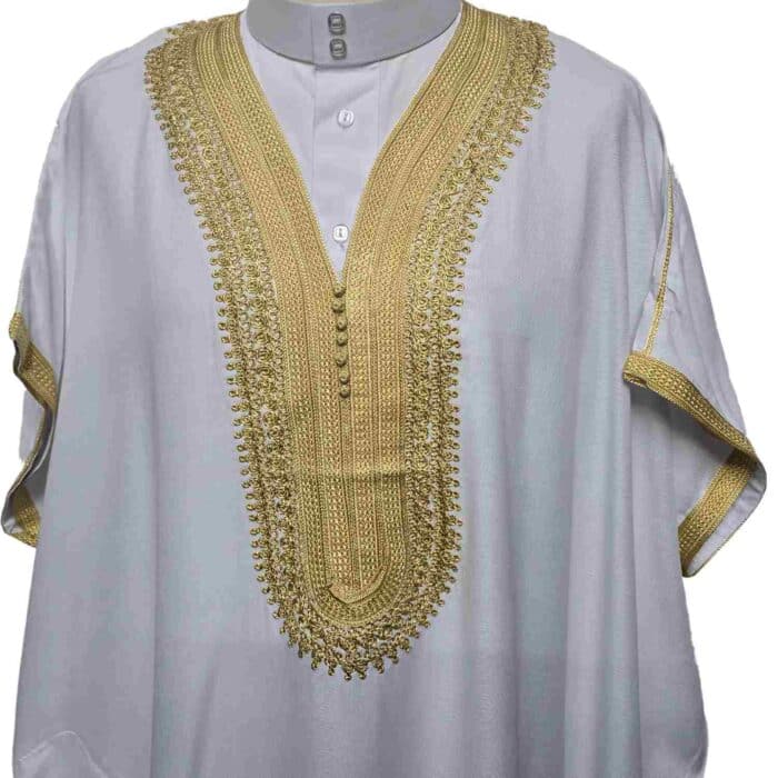 Shrtslvwpc 005 Moroccan Cotton White Gold Short Sleeve Thobe Jubba Kandora Dishdasha (7)