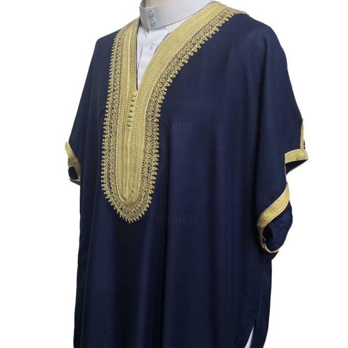 Shrtslvwpc 007 Moroccan Cotton Navy Gold Short Sleeve Thobe Jubba Kandora Dishdasha (5)