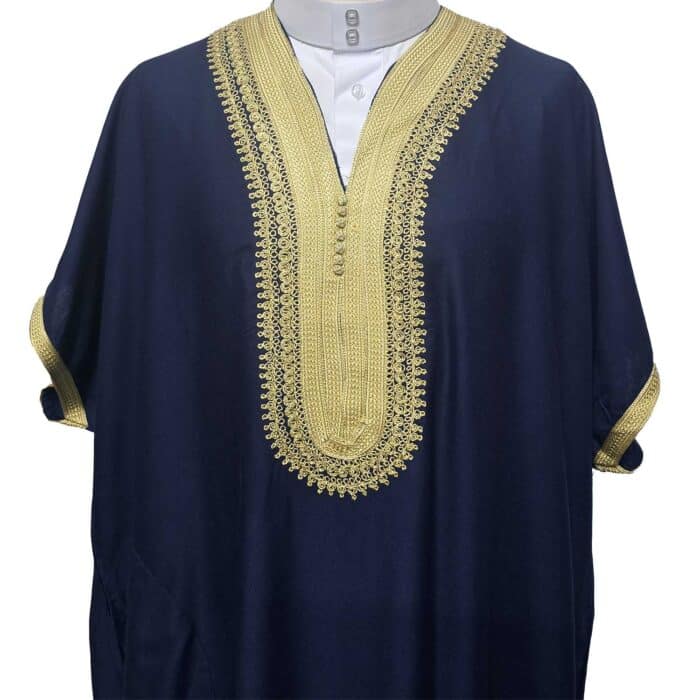 Shrtslvwpc 007 Moroccan Cotton Navy Gold Short Sleeve Thobe Jubba Kandora Dishdasha (8)