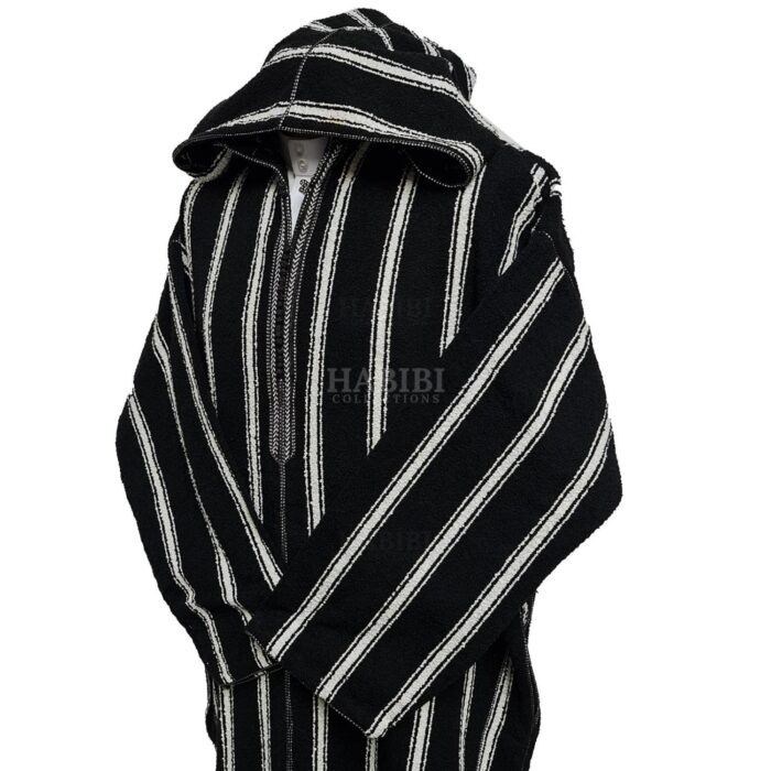 Strpthkwl 0021 Super Warm Thick Striped Black White Moroccan Winter Wool Hooded Thobe Djellaba Jubba (4)