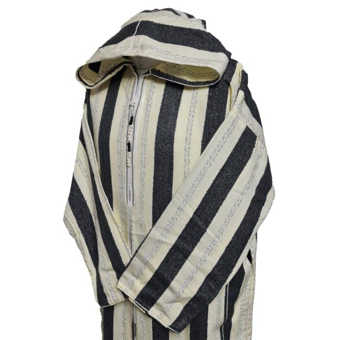 Strpwlwpc 002 Moroccan Cream Grey Striped Cashmere Wool Blend Hooded Thobe Djellaba Jubba Super Warm (4)