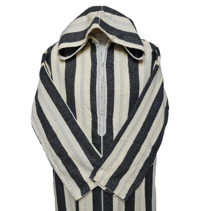 Strpwlwpc 002 Moroccan Cream Grey Striped Cashmere Wool Blend Hooded Thobe Djellaba Jubba Super Warm (7)