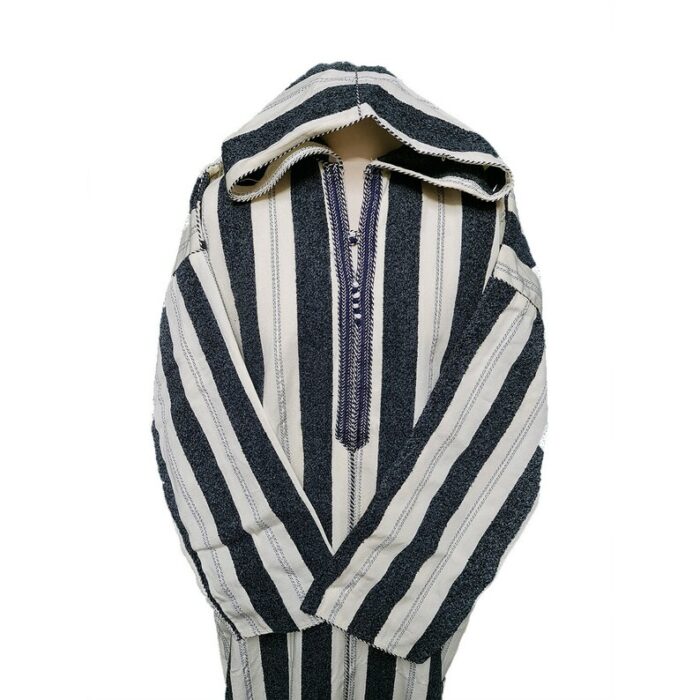 Strpwool 1 Moroccan Grey Cream Striped Cashmere Wool Blend Hooded Thobe Djellaba Super Warm (5)