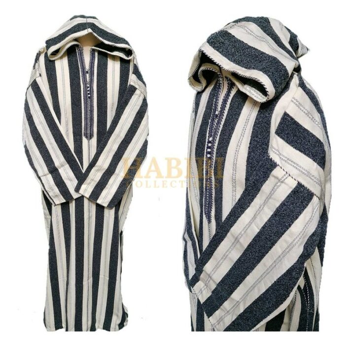 Strpwool 1 Moroccan Grey Cream Striped Cashmere Wool Blend Hooded Thobe Djellaba Super Warm (6)