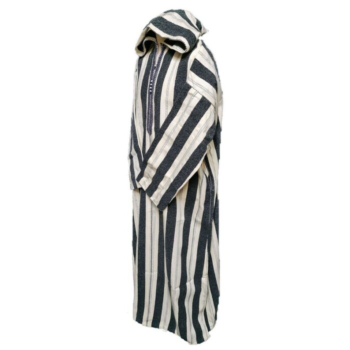 Strpwool 1 Moroccan Grey Cream Striped Cashmere Wool Blend Hooded Thobe Djellaba Super Warm (7)