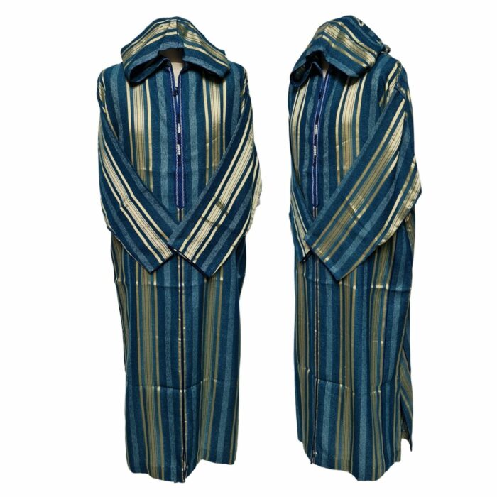 Turqbluctnhd 001 Men's Moroccan Turquoise Blue Gold Cotton Hooded Thobe Jubba Djellaba (10)