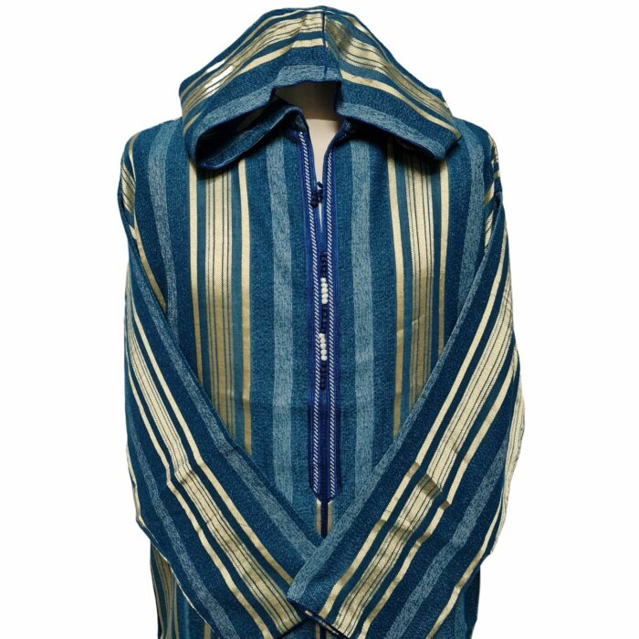 Turqbluctnhd 001 Men's Moroccan Turquoise Blue Gold Cotton Hooded Thobe Jubba Djellaba (67)