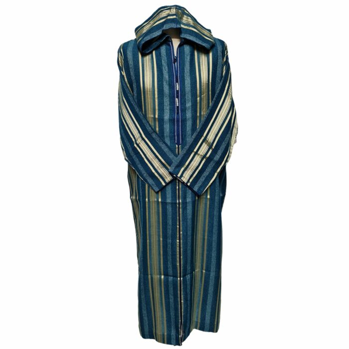 Turqbluctnhd 001 Men's Moroccan Turquoise Blue Gold Cotton Hooded Thobe Jubba Djellaba (70)