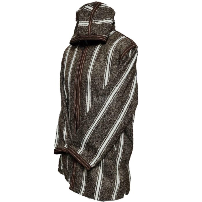 Unisex Moroccan Hooded Wool Blend Winter Baja Jerga Jacket Brownwhite Striped (4)