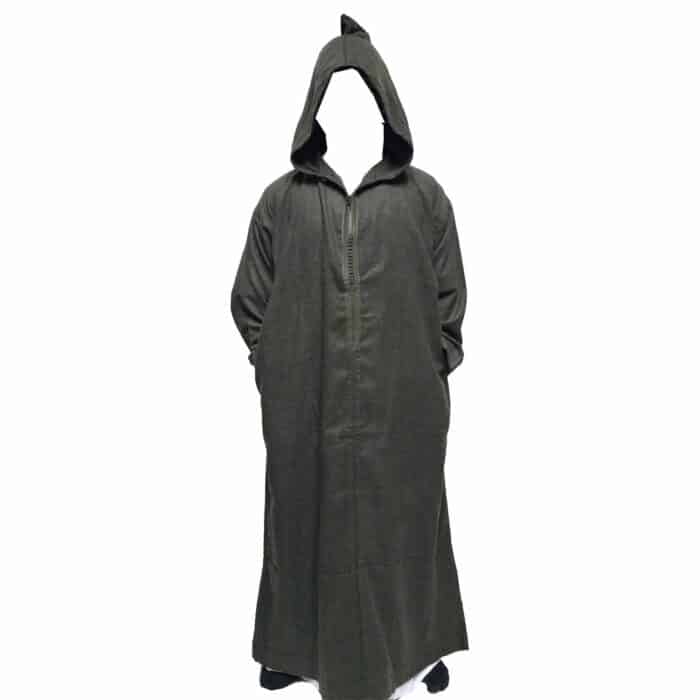 Woolnorml 20026 Moroccan Winter Wool Blend Olive Green Long Sleeve Hooded Thobe Djellaba(7)
