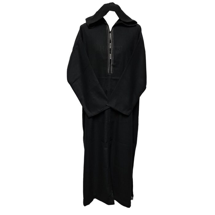 Moroccan Extra Wide-Fit Black Wool Blend Hooded Long Sleeve Thobe Djellaba