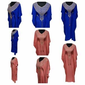 Women Royal Blue Peach Cotton Short Sleeve Maxi Dress Kaftan Farasha Abaya Robe Jellabiya