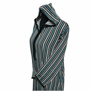 Women's Moroccan Blue Black Multi Stripes Long Sleeve Hooded Cotton Blend Kaftan Djellaba (1)