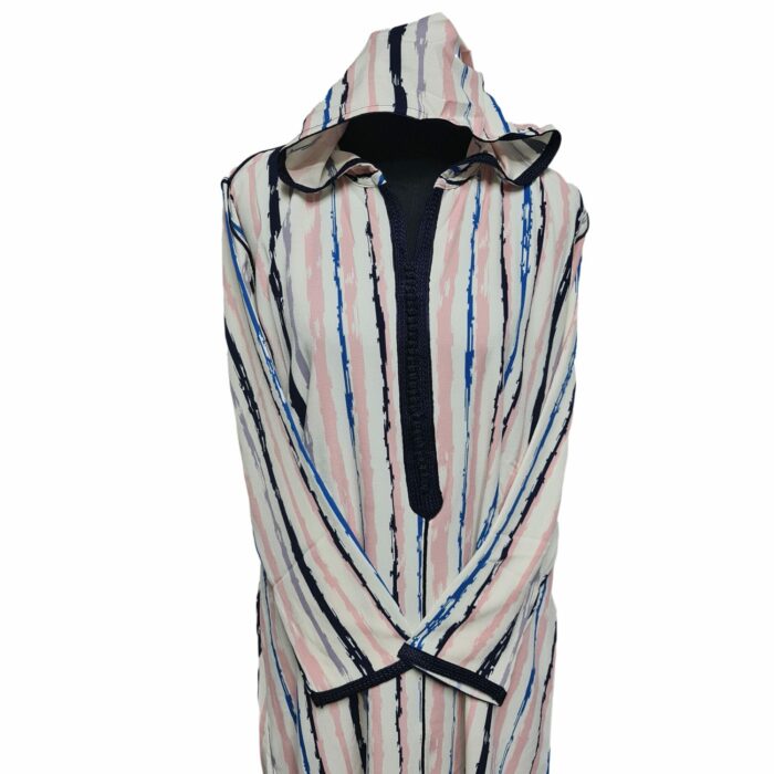 Women's Moroccan Blue Black Peach Multi Stripes Long Sleeve Hooded Cotton Blend Kaftan Djellaba (3)