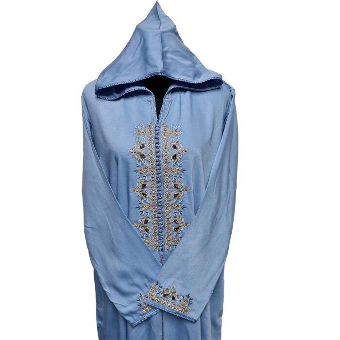 Women's Moroccan Blue Cotton Malifa Wool Blend Long Sleeve Hooded Djellaba Jalabiya (3)