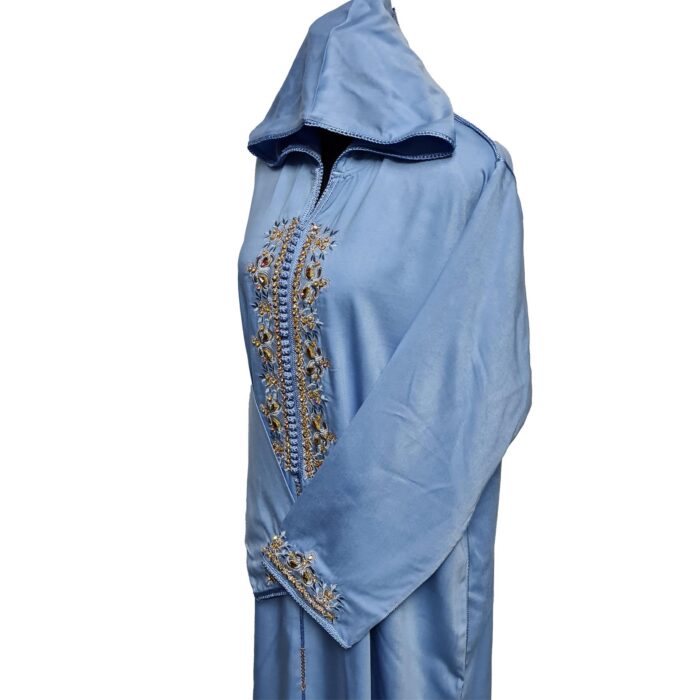 Women's Moroccan Blue Cotton Malifa Wool Blend Long Sleeve Hooded Djellaba Jalabiya (5)