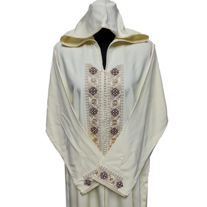 Women's Moroccan Cream Cotton Malifa Wool Blend Long Sleeve Hooded Djellaba Jalabiya (3)