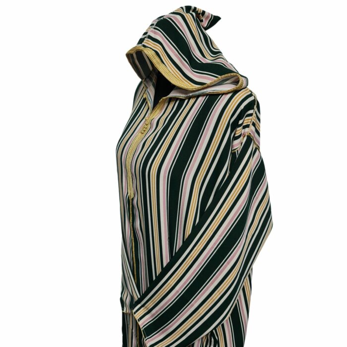 Women's Moroccan Green Pink Multi Stripes Long Sleeve Hooded Cotton Blend Kaftan Djellaba (1)