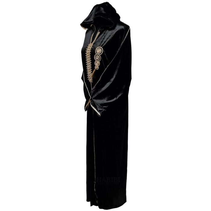 Women's Moroccan Premium Black Velvet Long Sleeve Hooded Dress Kaftan Djellaba (32)