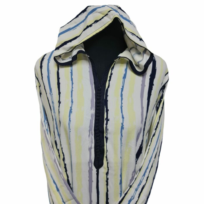 Women's Moroccan Yellow Black Grey Multi Stripes Long Sleeve Hooded Cotton Blend Kaftan Djellaba (3)