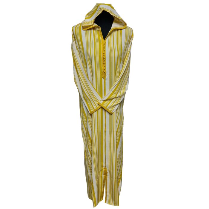 Women's Moroccan Yellow Multi Stripes Long Sleeve Hooded Cotton Blend Kaftan Djellaba (2)