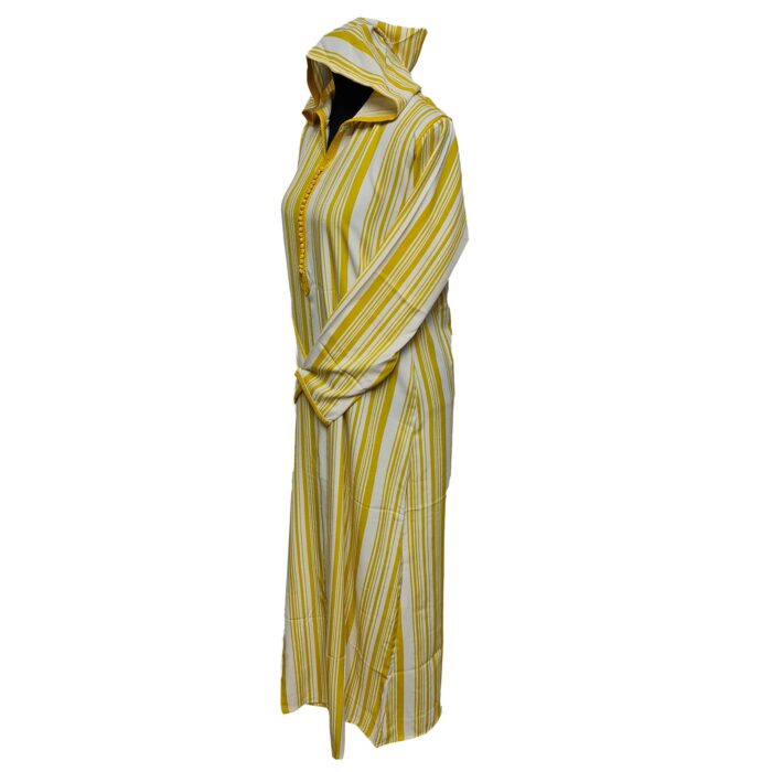 Women's Moroccan Yellow Multi Stripes Long Sleeve Hooded Cotton Blend Kaftan Djellaba (4)